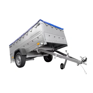 Anhänger mit faltbarer Deichsel Garden Trailer 230 KIPP mit zusätzlichen Bordwänden, Stützrad und blauer Flachplane-Neu
