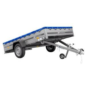 Einachsanhänger 264×150 UNITRAILER GARDEN 265 KIPP mit einem Flachplanenträger und blauer Plane-Neu